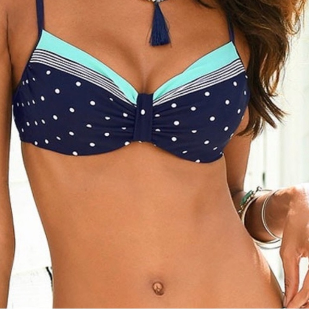 Blue Polka Dot Bikini Top with Halter Style